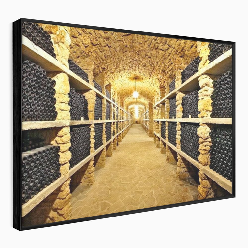 Tablou canvas cu tablou canvas cu crama subterana si sticle de vin, in rama de aluminiu negru